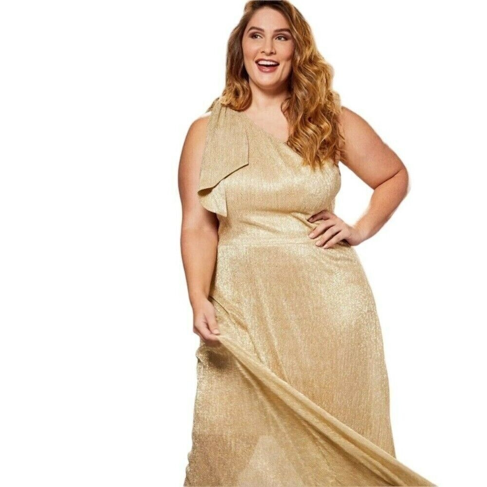 Dress The Population Savannah One Shoulder Gold Gown Sz 1x Nwot